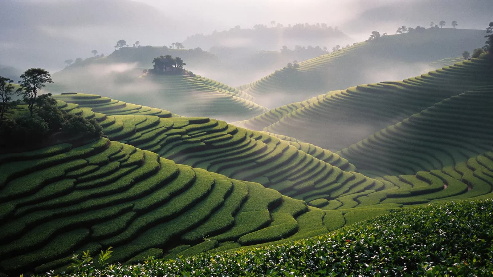Morning mist drifting over layered green tea terraces at dawn
