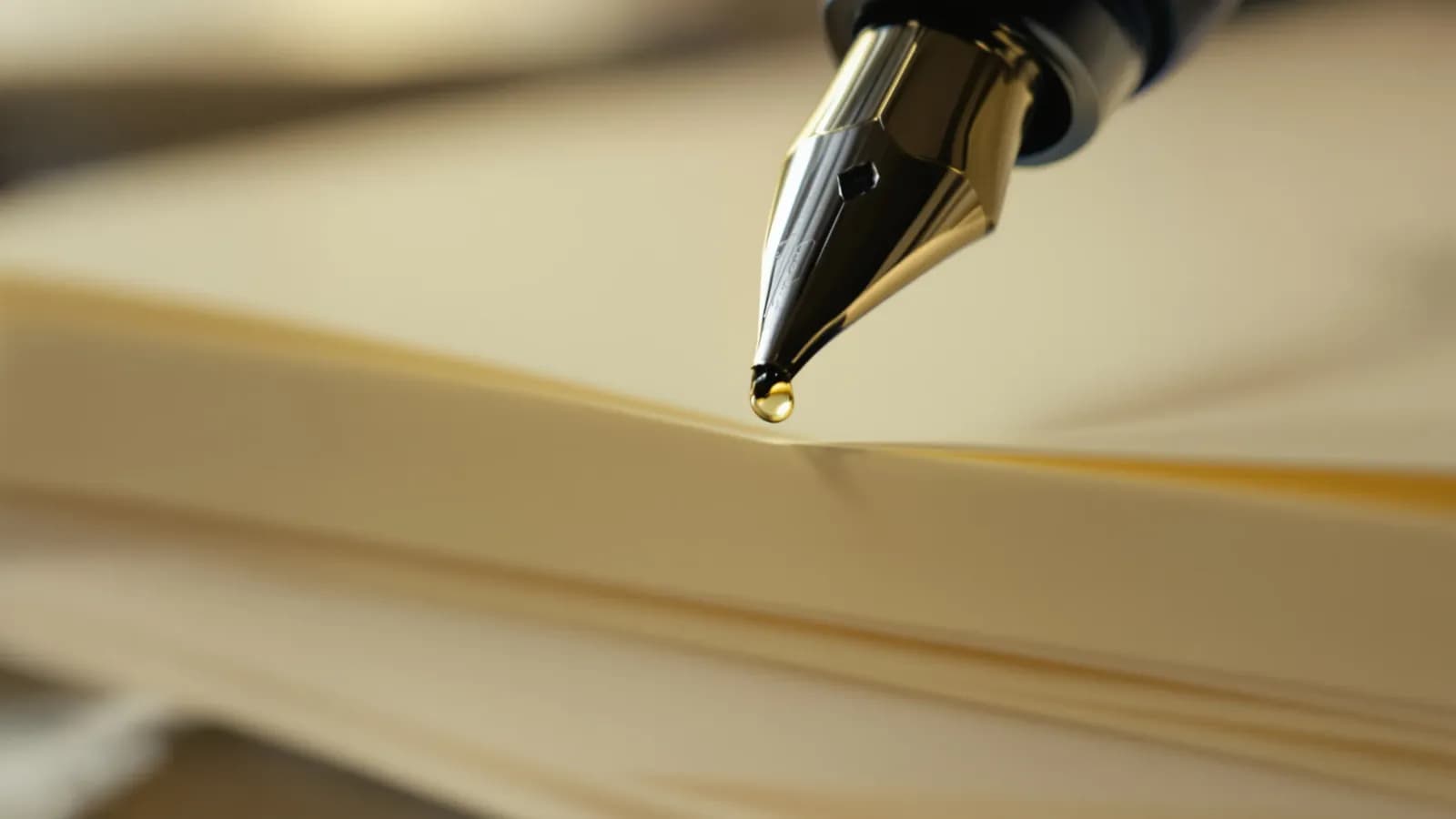 Extreme macro of a fountain pen nib resting on the blank cream edge of stacked paper