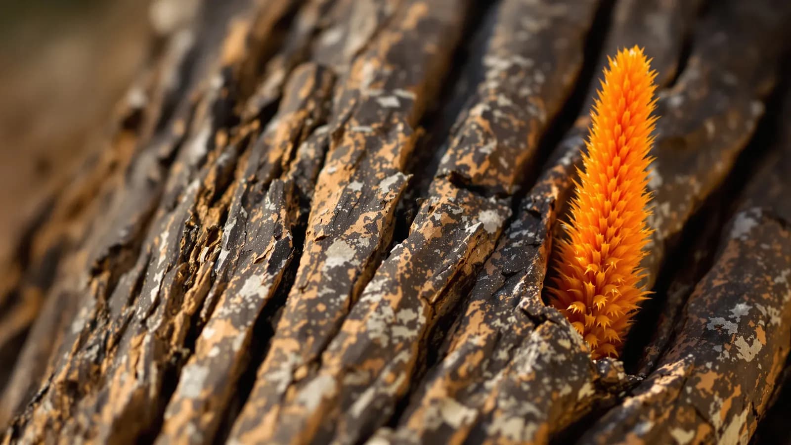 Extreme macro close-up of a single bright orange aloe flower spike emerging from deeply furrowed lichen-flecked bark in low South African dawn light, shallow depth of field