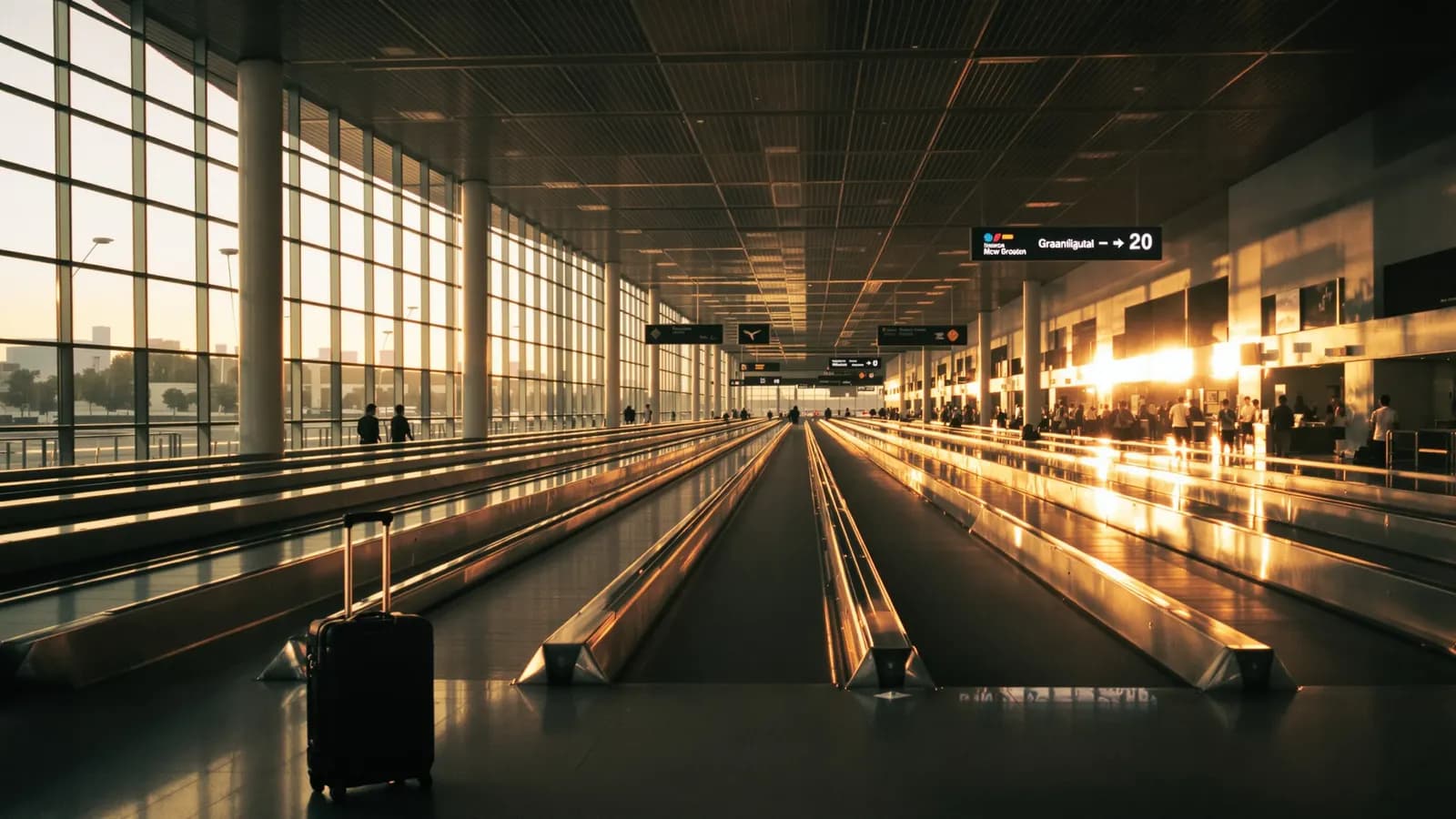 Empty immigration queue lanes at an airport arrivals hall at golden hour, a rolling suitcase in the foreground