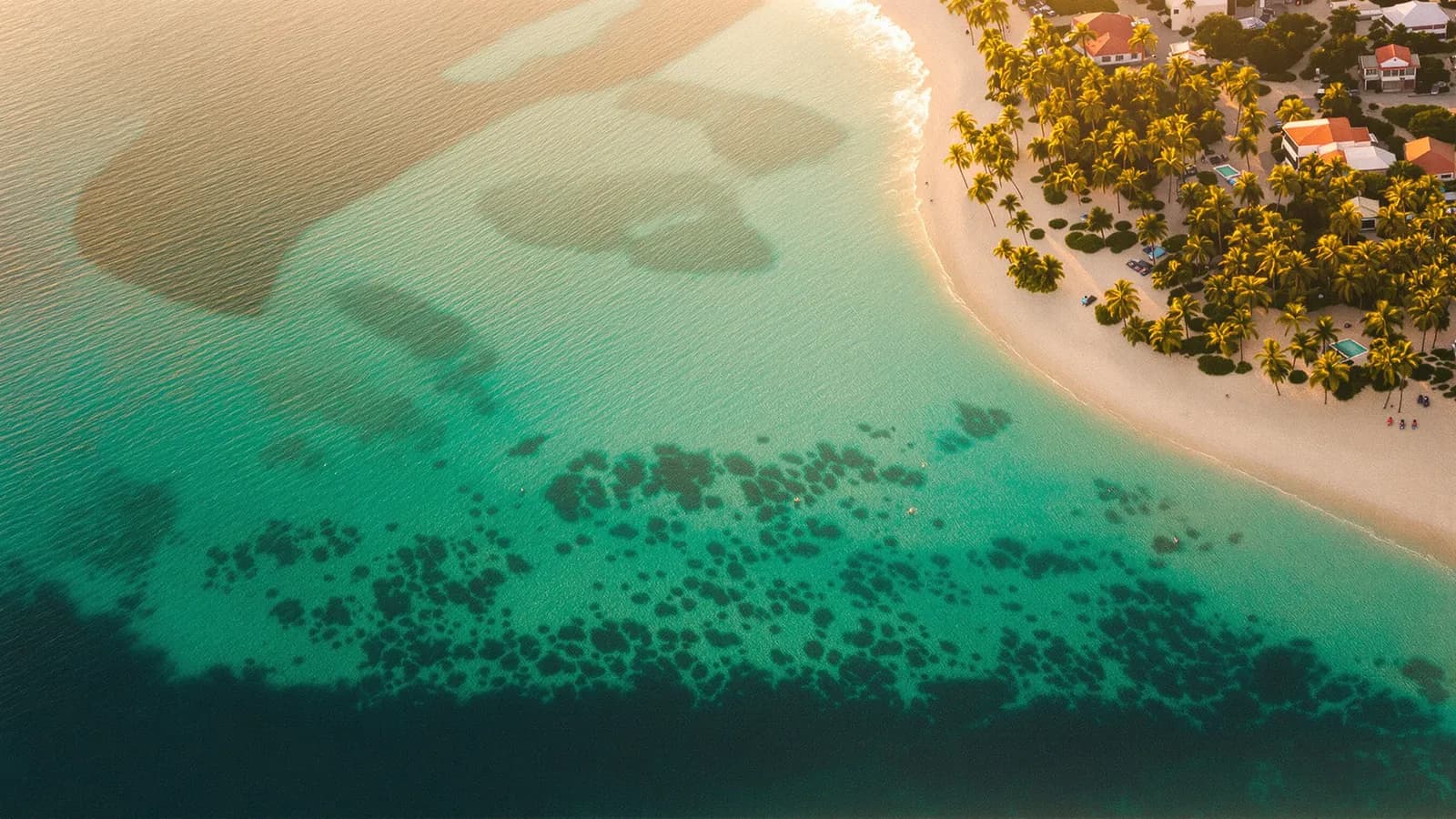 Tropical coastline seen from the air at golden hour with shallow turquoise water
