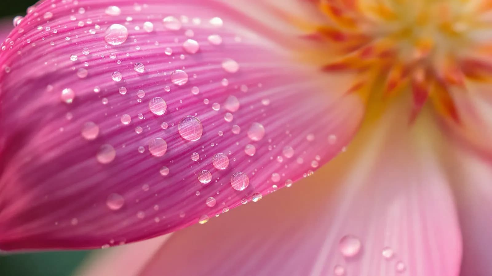 Macro close-up of dew drops on a pink lotus petal