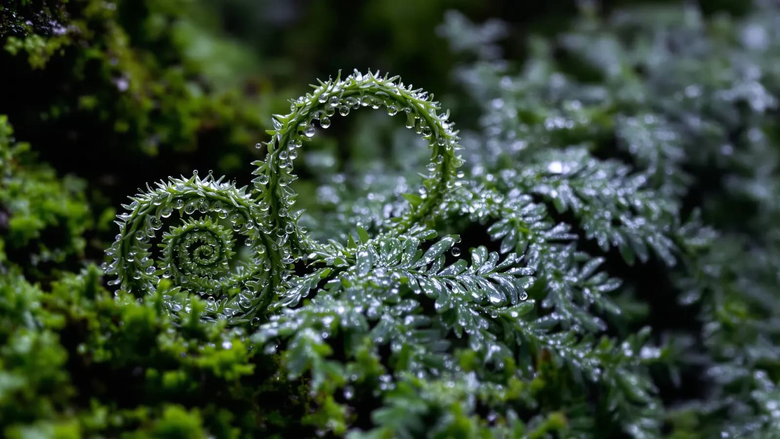 Extreme macro close-up of two dew-covered silver fern koru fronds unfurling over wet moss in a dark New Zealand rainforest, shallow depth of field