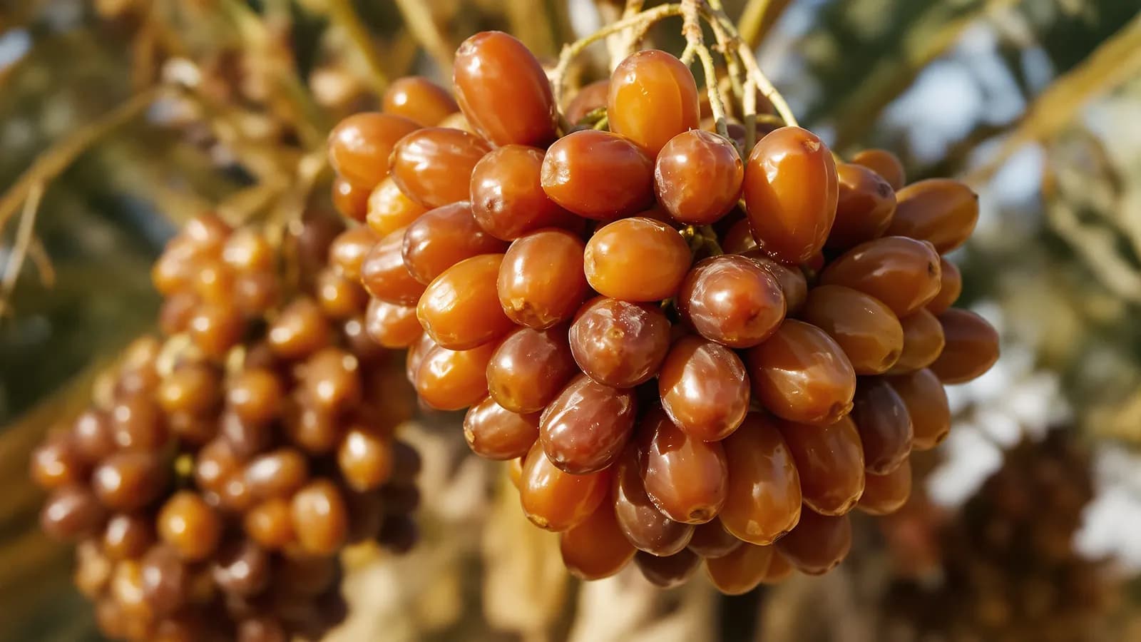 Extreme macro close-up of a cluster of ripe amber dates hanging on a date palm frond in low golden desert sunlight, shallow depth of field