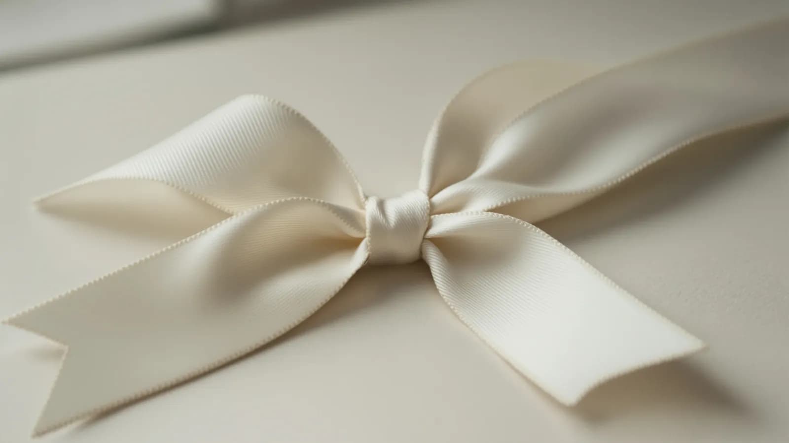 Cream silk ribbon tied in a simple bow on textured paper