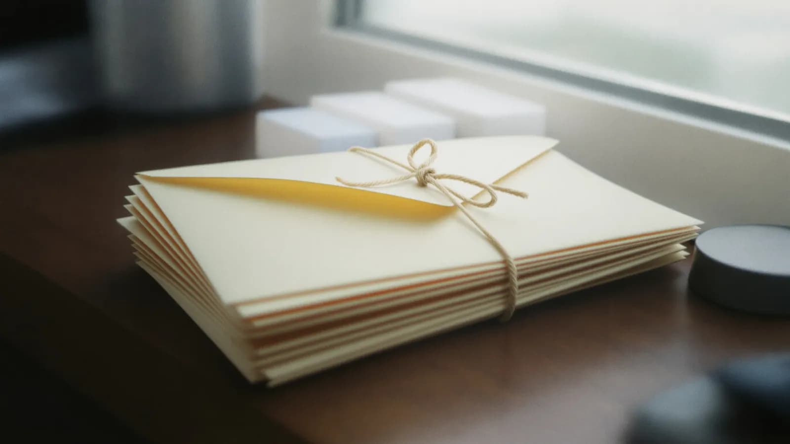 Plain cream envelopes tied with string on a wooden desk in soft light