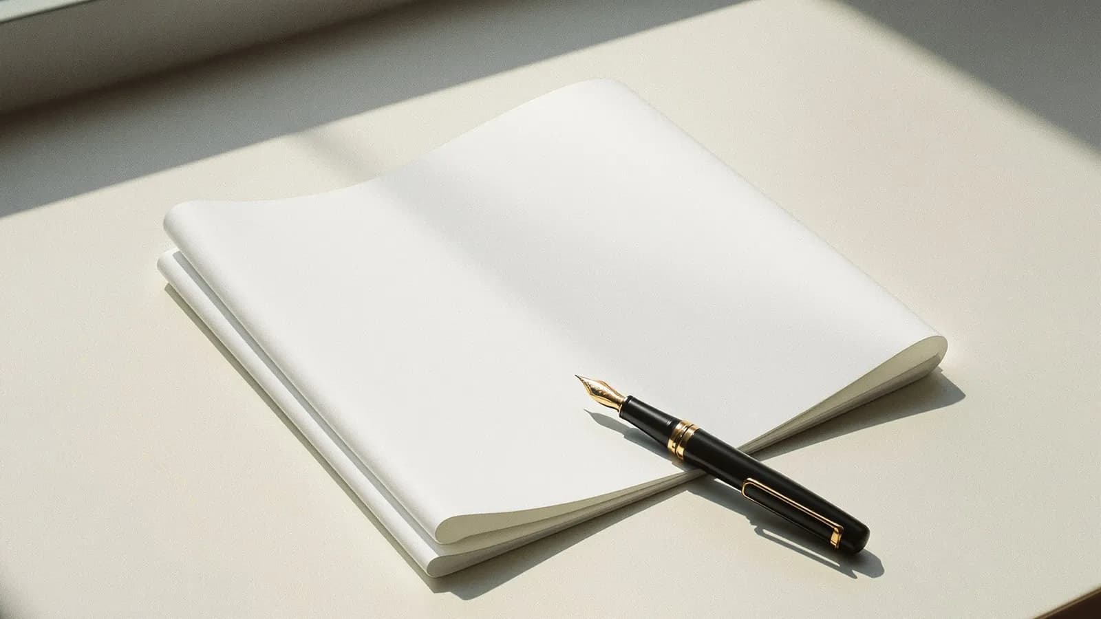 Folded paper documents and a fountain pen on a plain desk in soft daylight