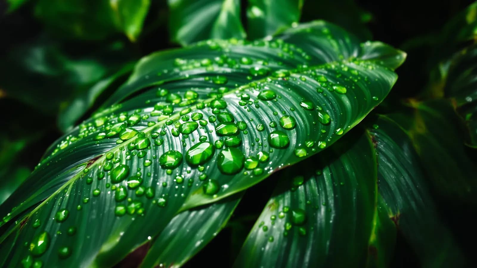 Extreme macro close-up of overlapping deep green tropical monstera leaves with water droplets, backlit morning light, shallow depth of field